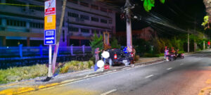 Driver taken to hospital for alcohol test after crashing his pickup truck into a power pole in Phuket Town