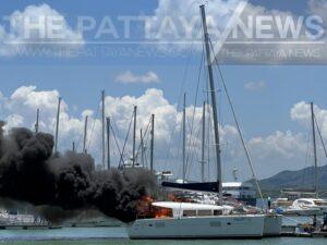 Yacht catches fire before capsizing at pier in Phuket – VIDEO