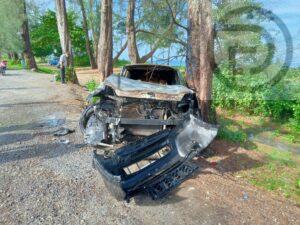 Unidentified foreign driver escapes injuries after crashing SUV into a tree in Thalang, Phuket