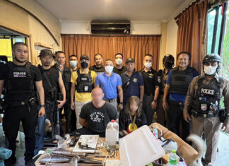 Overstaying German man and Thai woman arrested with gun, bullets, gun parts, gunpowder, and drugs in Patong