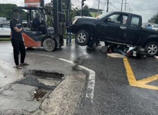 Motorbike Rider Injured after Getting Stuck Under Pickup Truck in Thalang