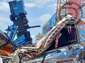 Crane Falls on Trailer Truck at Under Construction Mall in Chalong, Phuket
