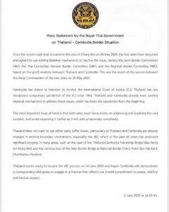 Press Statement by Royal Thai Government on Thailand Cambodia Border Situation
