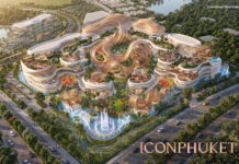 Siam Piwat investira 300 millions de dollars américains (10 milliards de bahts thaïlandais) dans ICONPHUKET, l'icône des merveilles du Sud, dont l'ouverture est prévue en 2029. Vue aérienne finale - Jour avec logo