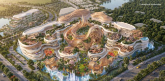 Siam Piwat investeert 300 miljoen dollar (10 miljard Thaise baht) in ICONPHUKET, het icoon van de wonderen van het Zuiden, dat in 2029 zijn deuren opent. Eindresultaat - Luchtfoto - Overdag met logo