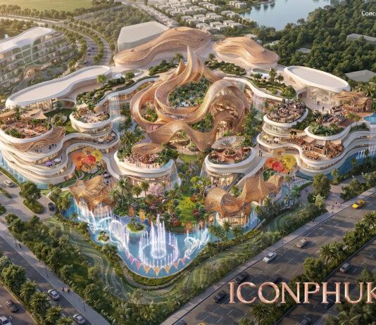 Siam Piwat investeert 300 miljoen dollar (10 miljard Thaise baht) in ICONPHUKET, het icoon van de wonderen van het Zuiden, dat in 2029 zijn deuren opent. Eindresultaat - Luchtfoto - Overdag met logo